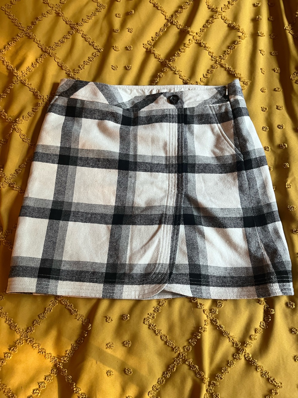 Loft Black and White Windowpane Plaid Faux Wrap A-Line Mini Skirt